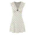 Front flat view beige black polka dot ruffle collar V-neck mini dress with bow detail, women retro casual summer outfit