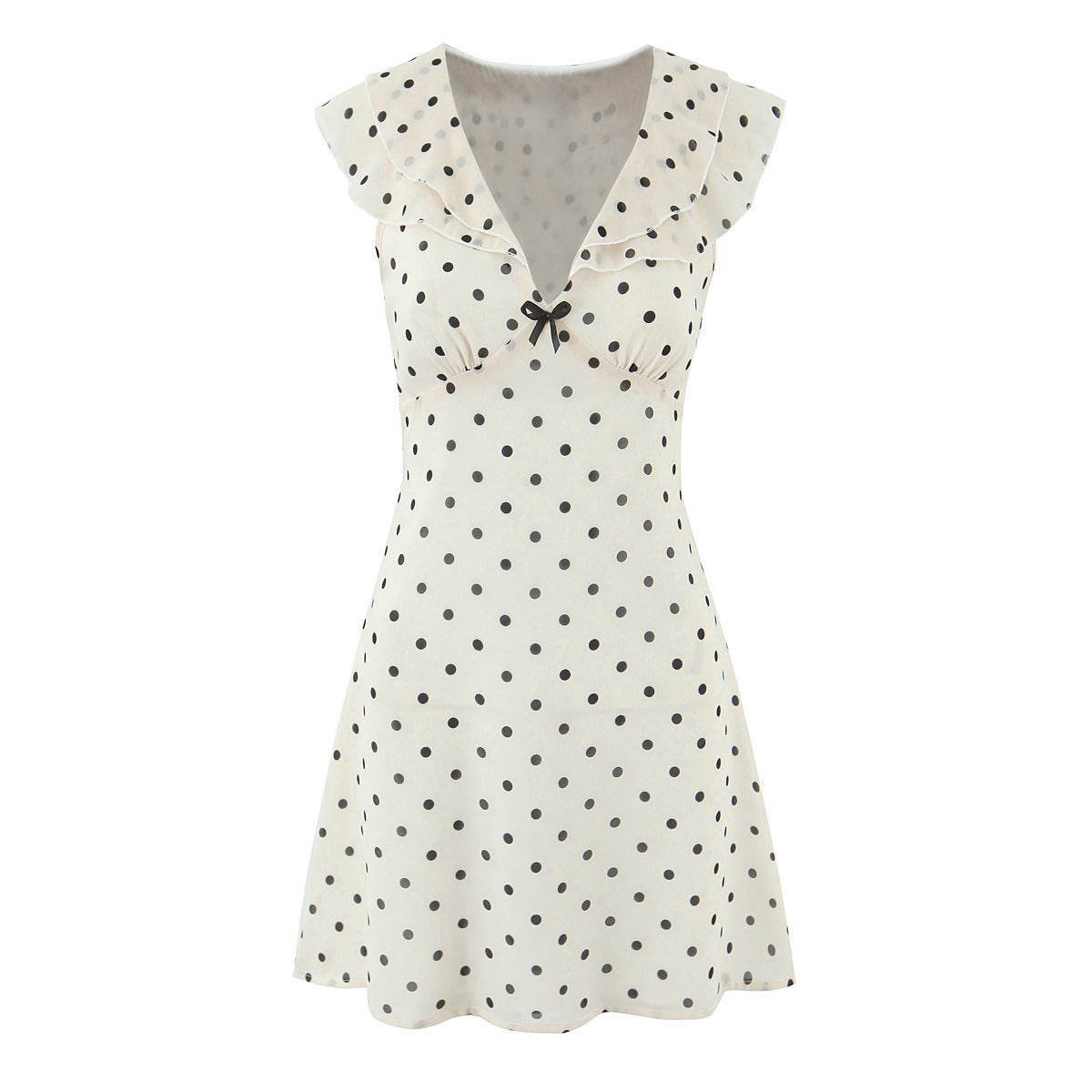 Front flat view beige black polka dot ruffle collar V-neck mini dress with bow detail, women retro casual summer outfit