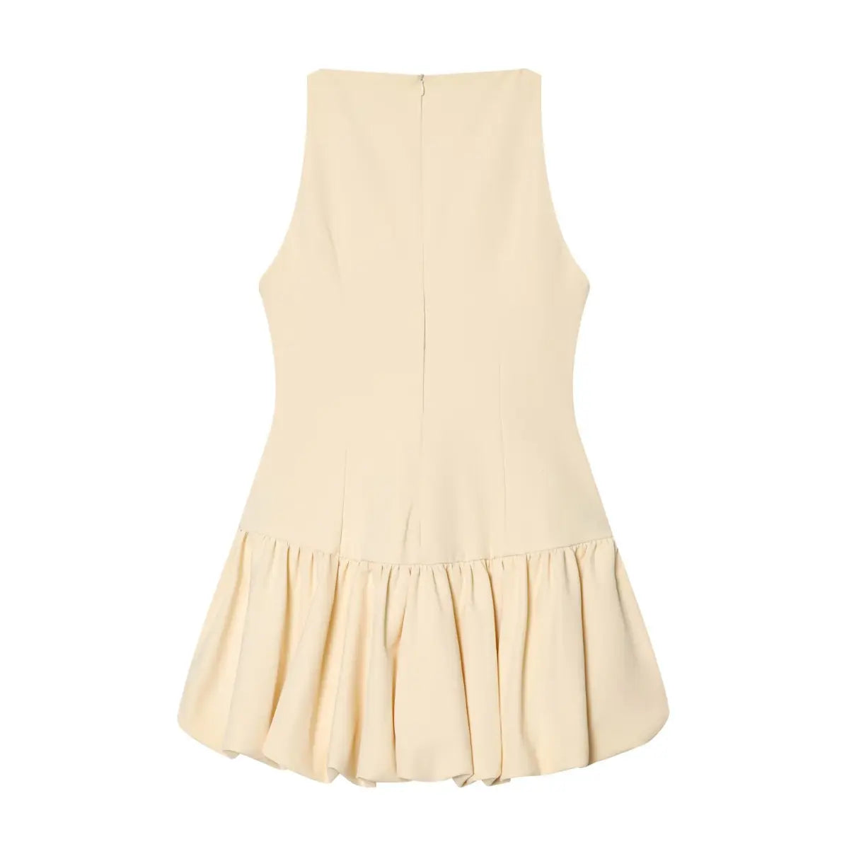 Back view of beige bubble hem sleeveless mini dress