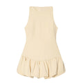 Full front view of beige bubble hem sleeveless dress