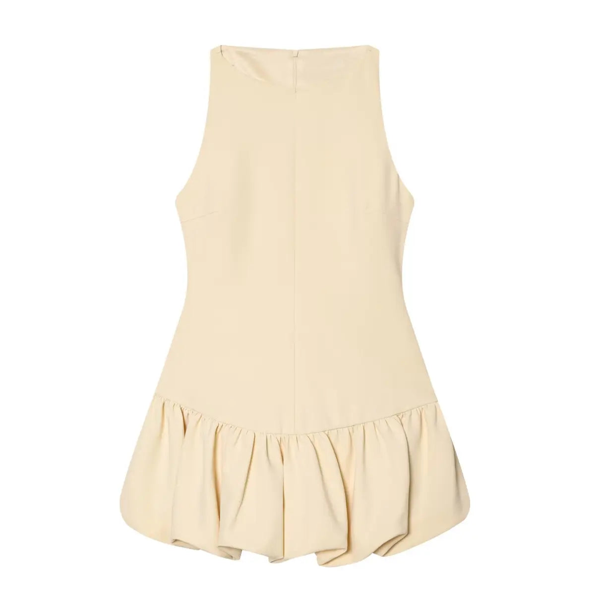 Full front view of beige bubble hem sleeveless dress