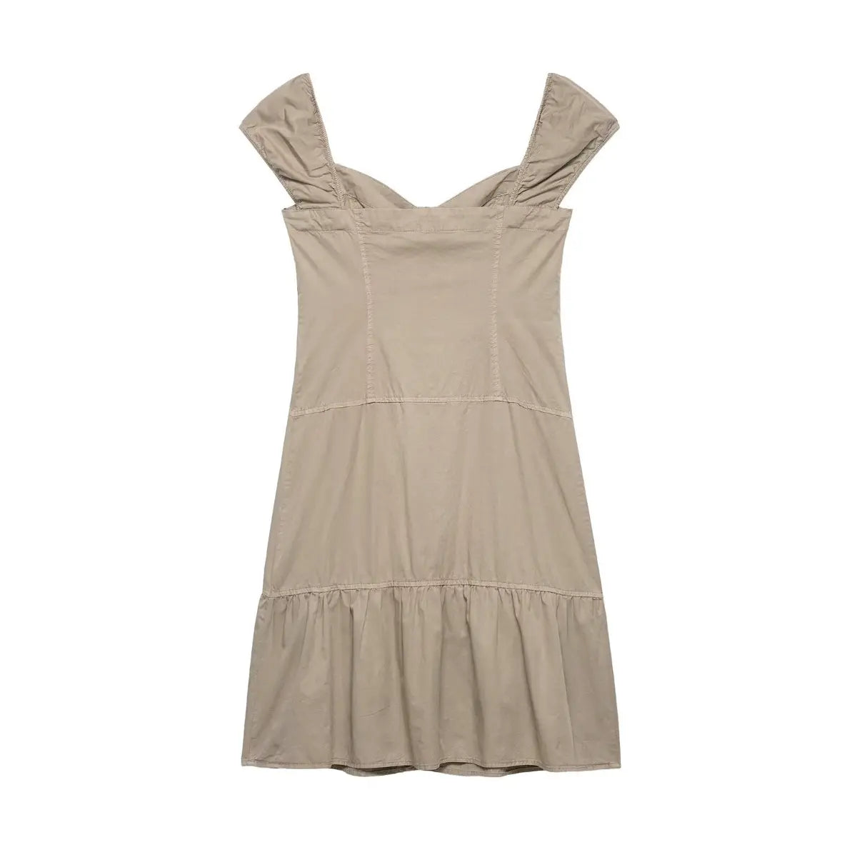 Hanger back view of beige utility dress with fitted silhouette and flounce hem