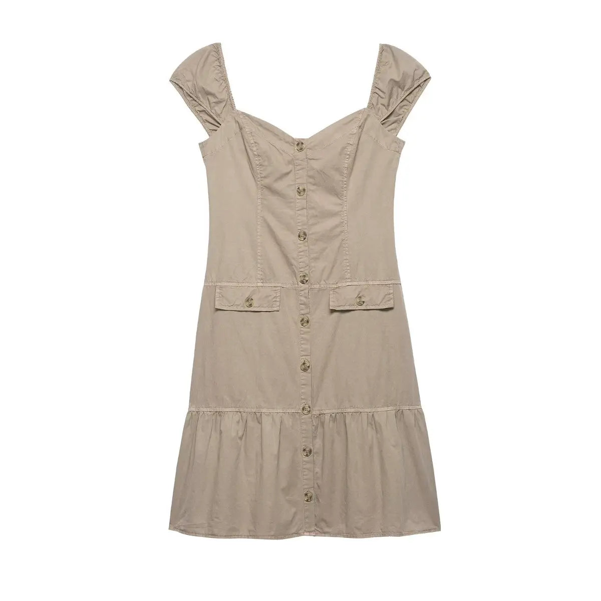Hanger view of beige utility dress showing the full button placket, sweetheart neckline, and ruffled hem