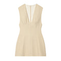Front view of beige V-neck mini dress, tailored silhouette