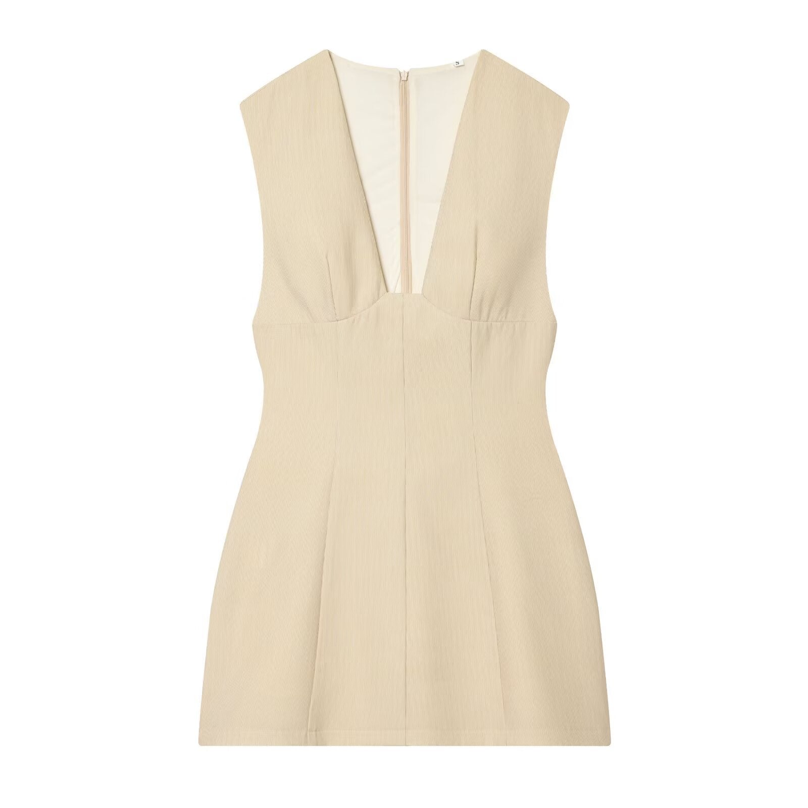 Front view of beige V-neck mini dress, tailored silhouette