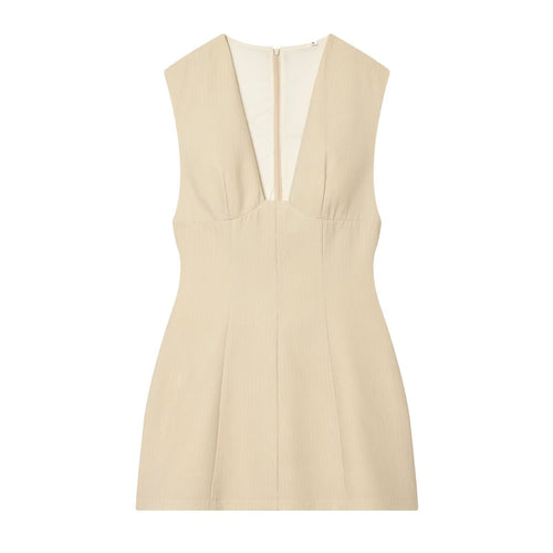 Front view of beige V-neck mini dress, tailored silhouette