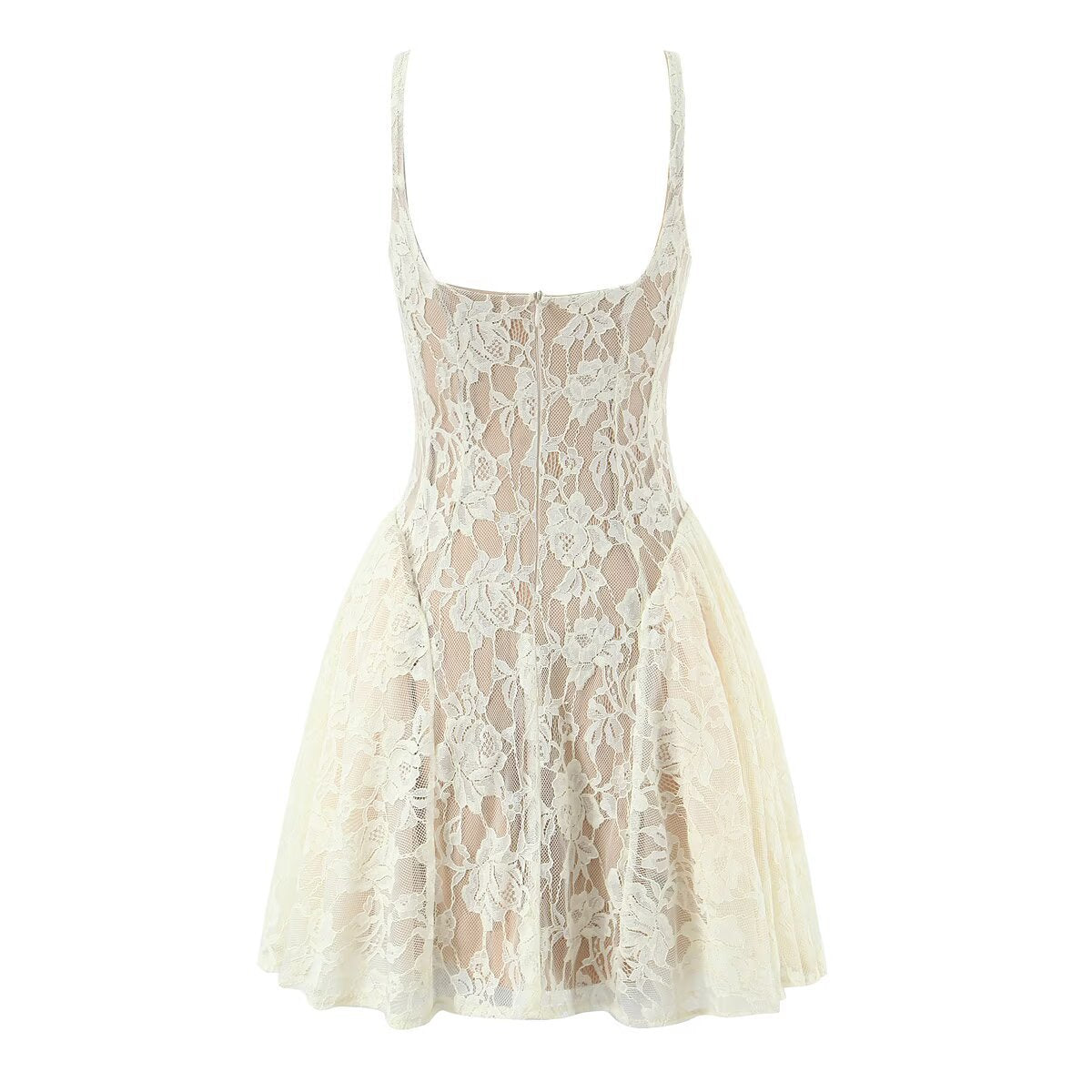 Back flat view beige floral hollow lace zip back spaghetti strap high waist flared mini party dress, elegant romantic sundress
