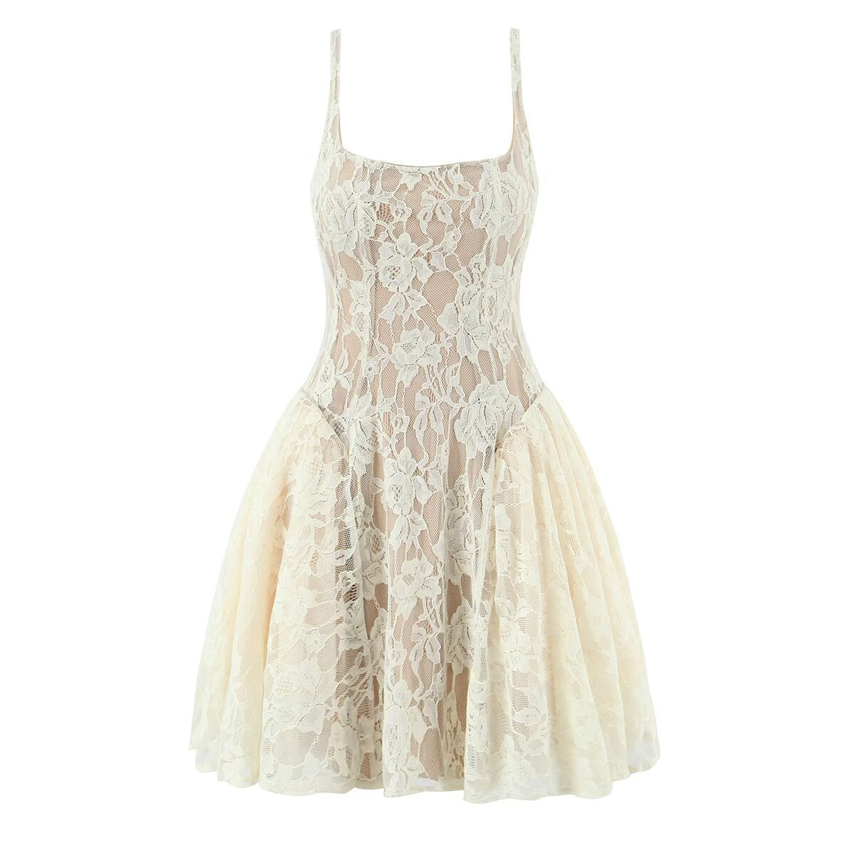 Cream Floral Lace Waist Cinching Skater Mini Dress – dingdingly