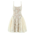 Women beige floral lace square neck spaghetti strap high waist flared hem bodycon mini dress, 95% polyester 5% spandex highly elastic elegant party sundress