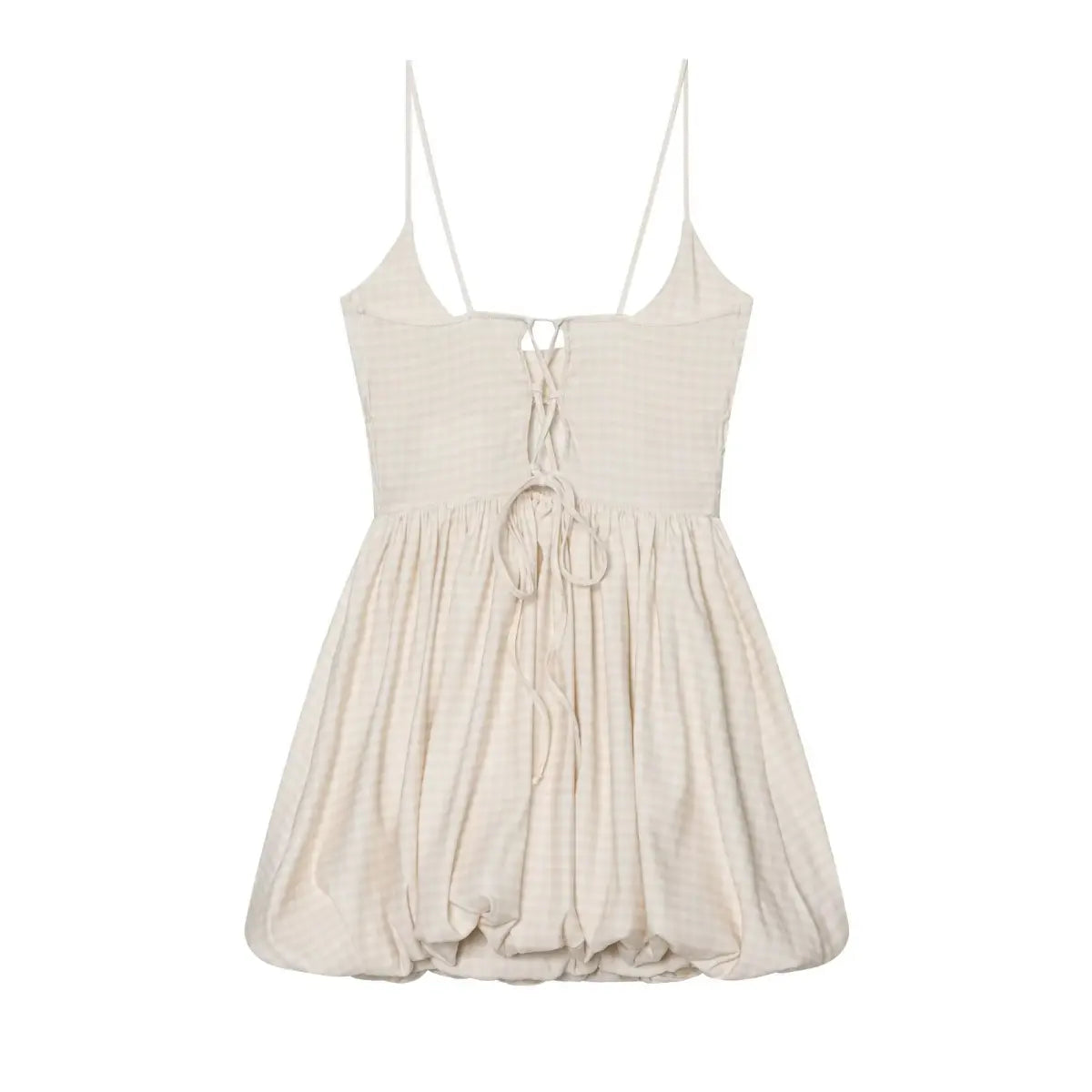 Back view of beige gingham cami mini dress with lace-up corset detail and bubble hem
