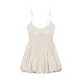 Front view of beige gingham cami dress with smocked waist and bubble hem