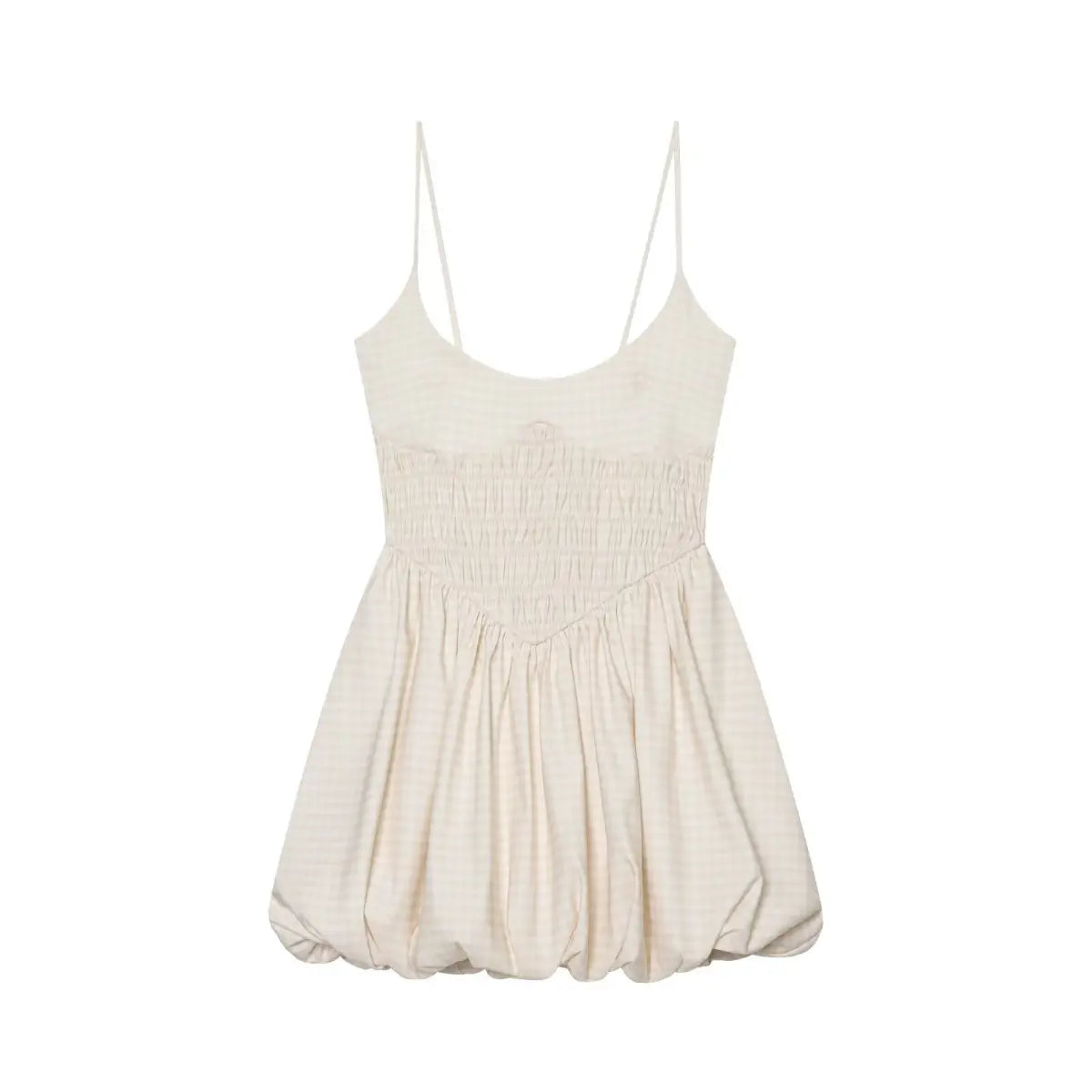 Front view of beige gingham cami dress with smocked waist and bubble hem
