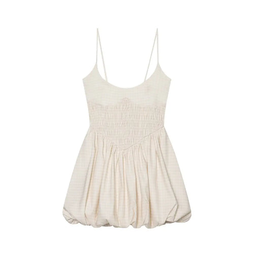 Front view of beige gingham cami dress with smocked waist and bubble hem