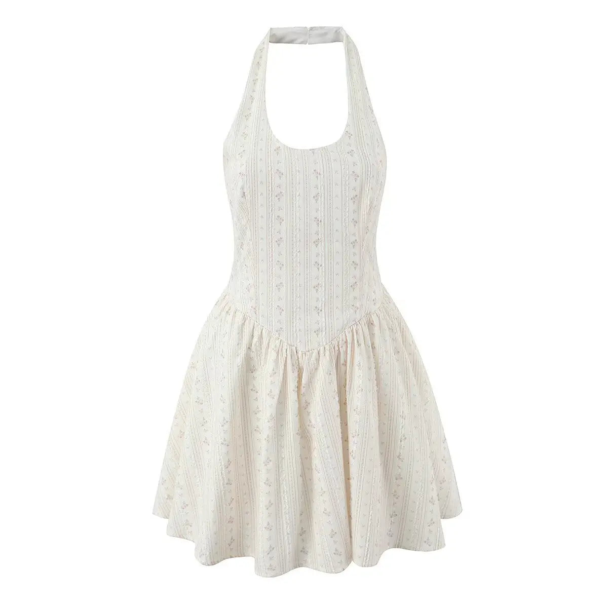 Beige halter-neck eyelet mini dress, front view on white background