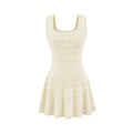 Front view of beige hollow-out knit sleeveless dress