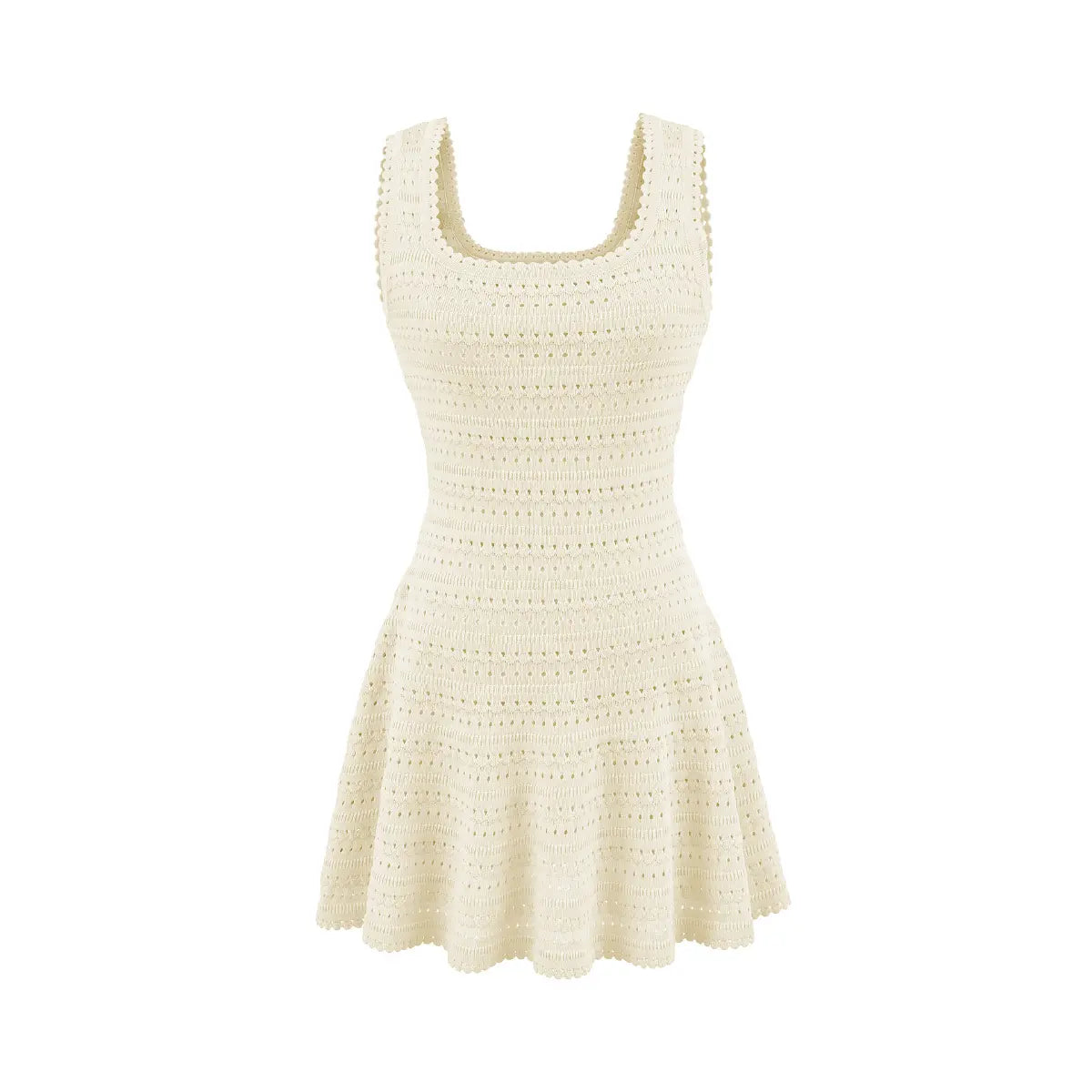 Front view of beige hollow-out knit sleeveless dress