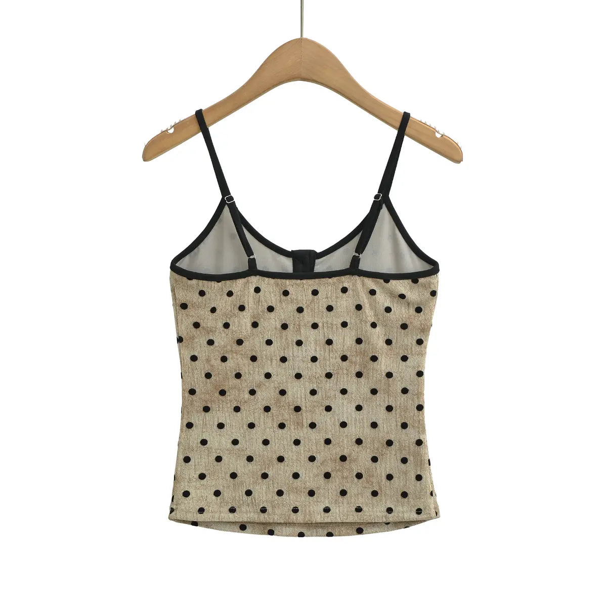 Back view of beige polka dot cami tank top with adjustable straps