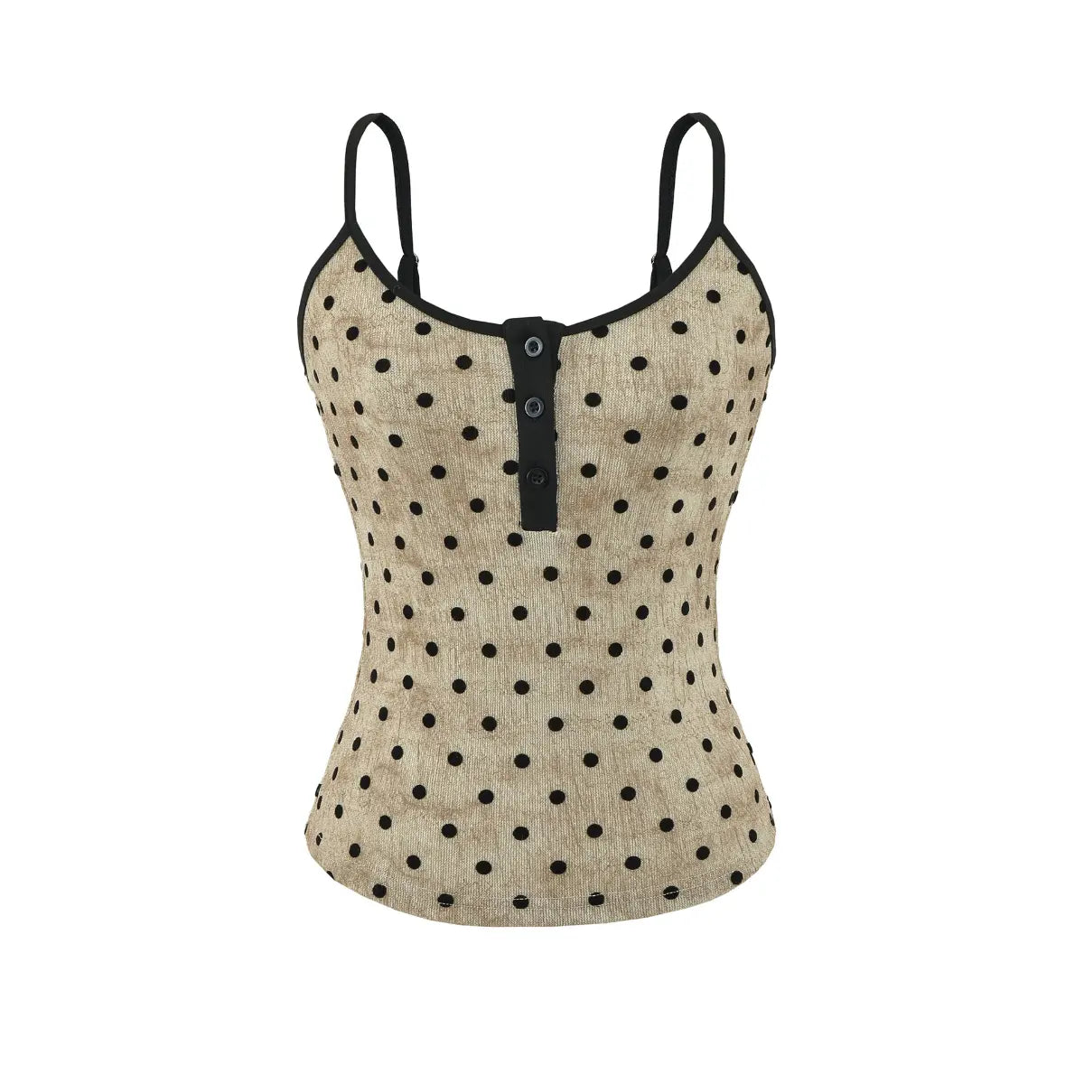 Front view of beige polka dot cami tank top