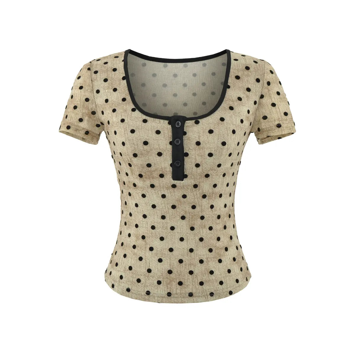 Front view of beige polka dot Henley short sleeve top