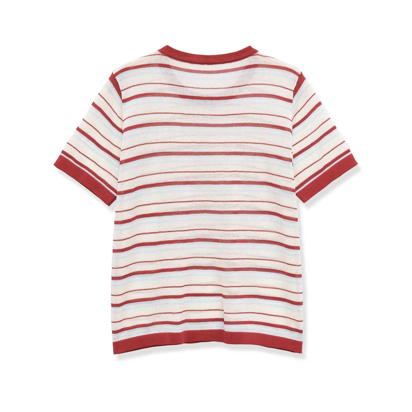 Flat back shot vintage beige red blue striped contrast trim round neck short sleeve ribbed knit cropped top, elegant casual daily blouse