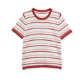 Flat front shot retro multi striped contrast collar cuff hem slim fit short sleeve ribbed knit crop top, elegant vintage casual daily outfit