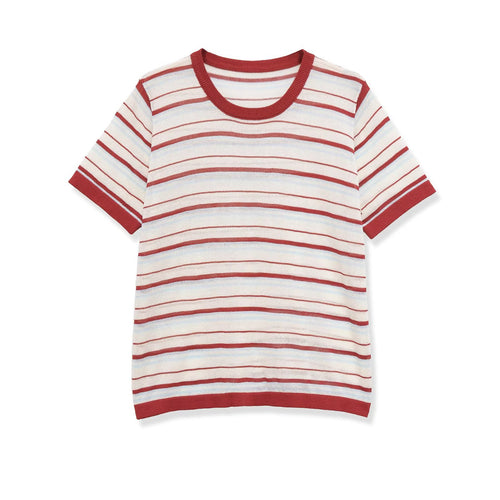 Flat front shot retro multi striped contrast collar cuff hem slim fit short sleeve ribbed knit crop top, elegant vintage casual daily outfit