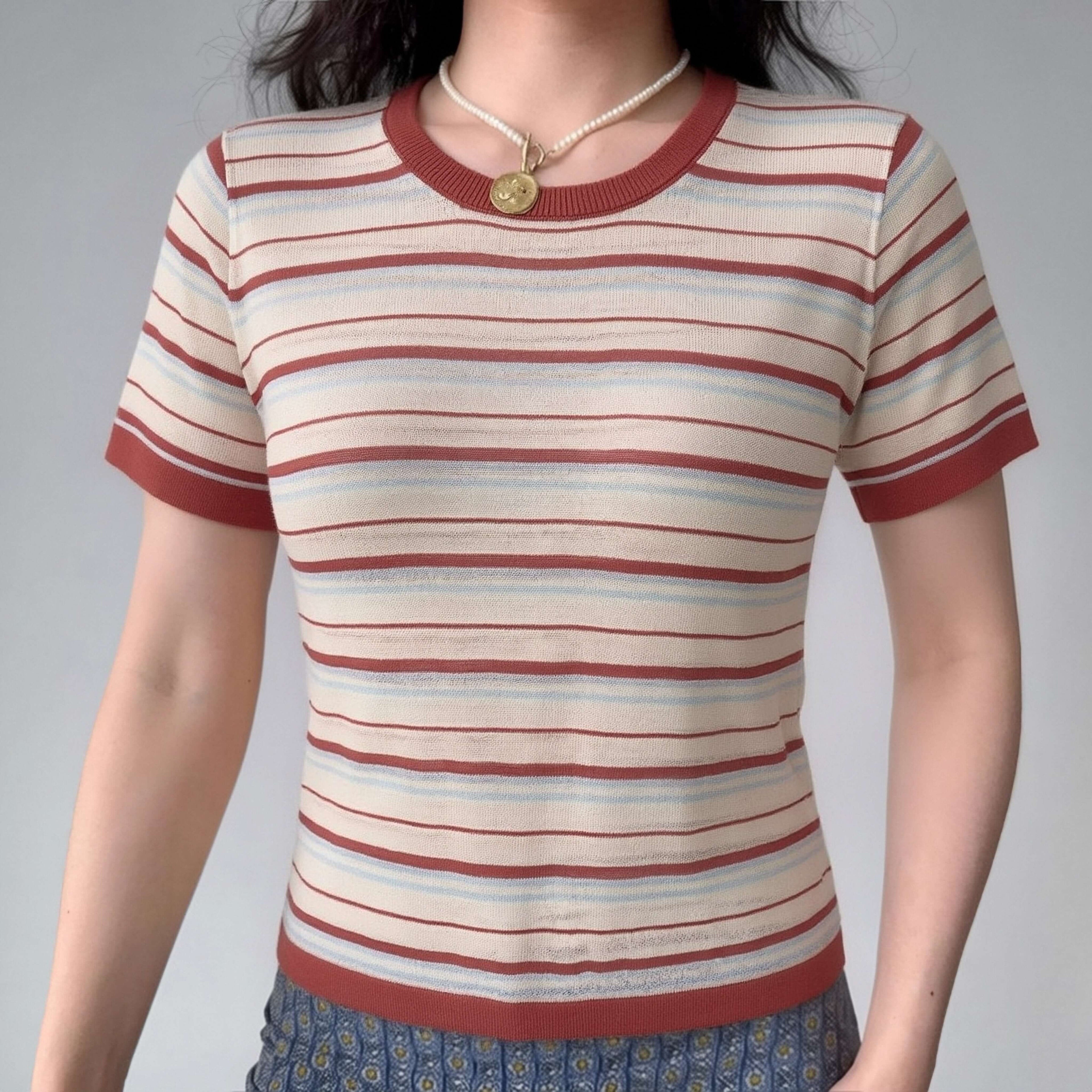 Women beige base red blue multi striped ribbed knit round neck contrast trim short sleeve slim fit cropped t shirt top, elegant vintage casual daily blouse