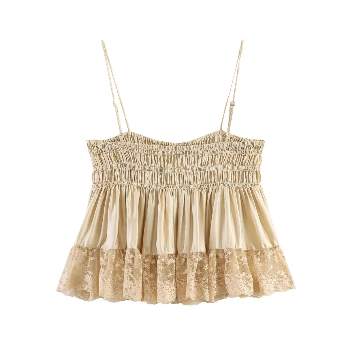 Back view of beige smocked cami top with ruffled lace hem