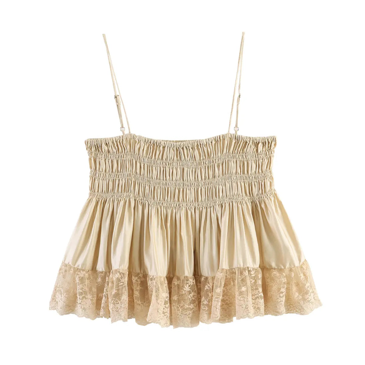 Front view of beige smocked cami top with lace hem and adjustable straps