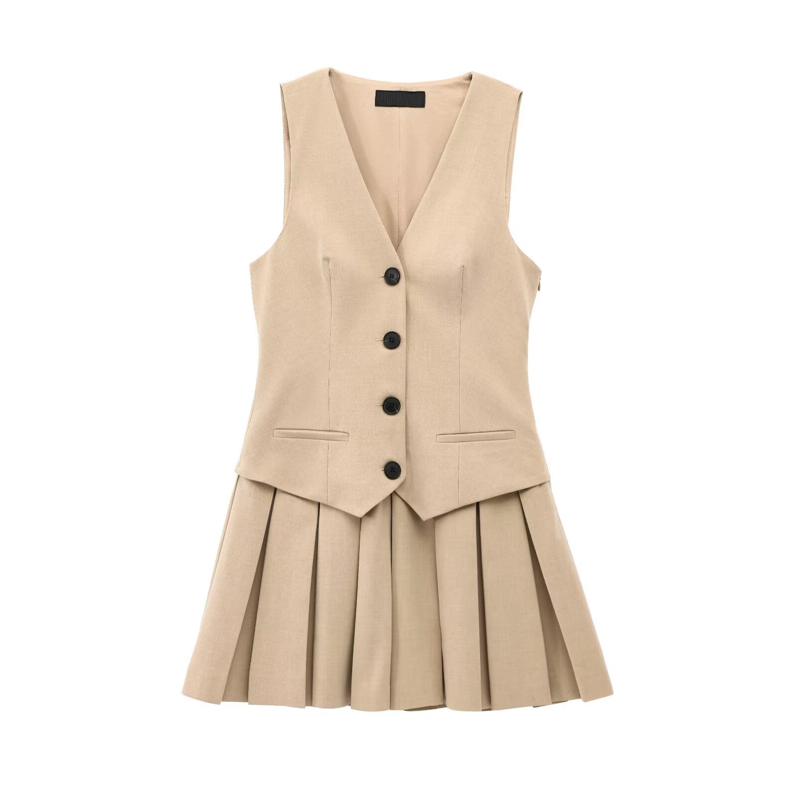 Front view of beige sleeveless vest-style mini dress with V-neckline and pleated skirt