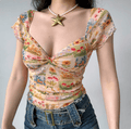 Women beige vintage flower patchwork off shoulder tie front ruffle short sleeve mesh slim fitted crop top, elegant romantic casual blouse
