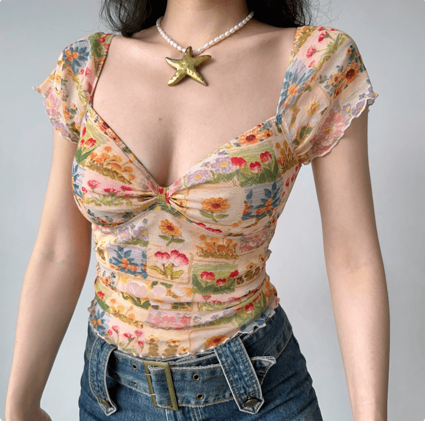 Women beige vintage flower patchwork off shoulder tie front ruffle short sleeve mesh slim fitted crop top, elegant romantic casual blouse