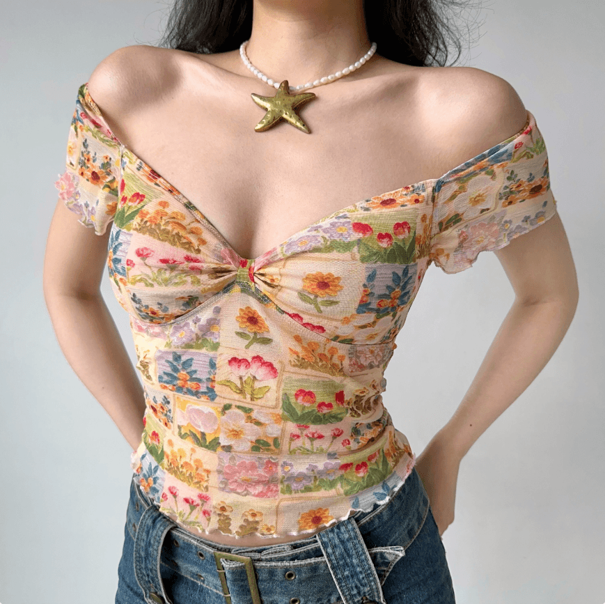 Full front off shoulder view beige vintage floral patchwork square neck ruffle sleeve mesh crop top, tie front slim romantic casual blouse