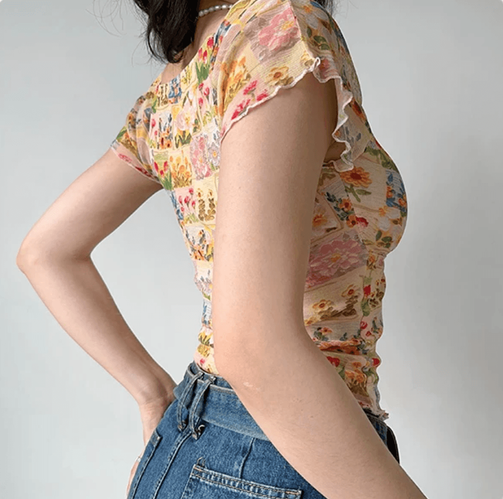 Side back view beige colorful floral patchwork off shoulder ruffle short sleeve mesh crop top, slim fitted elegant vintage casual blouse