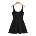 Front view of black cami A-line dress with square neckline