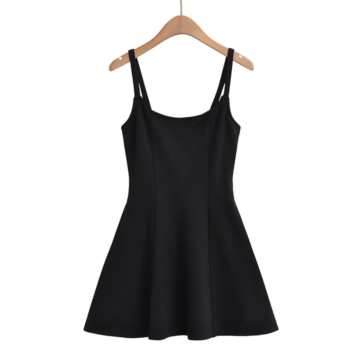 Front view of black cami A-line dress with square neckline