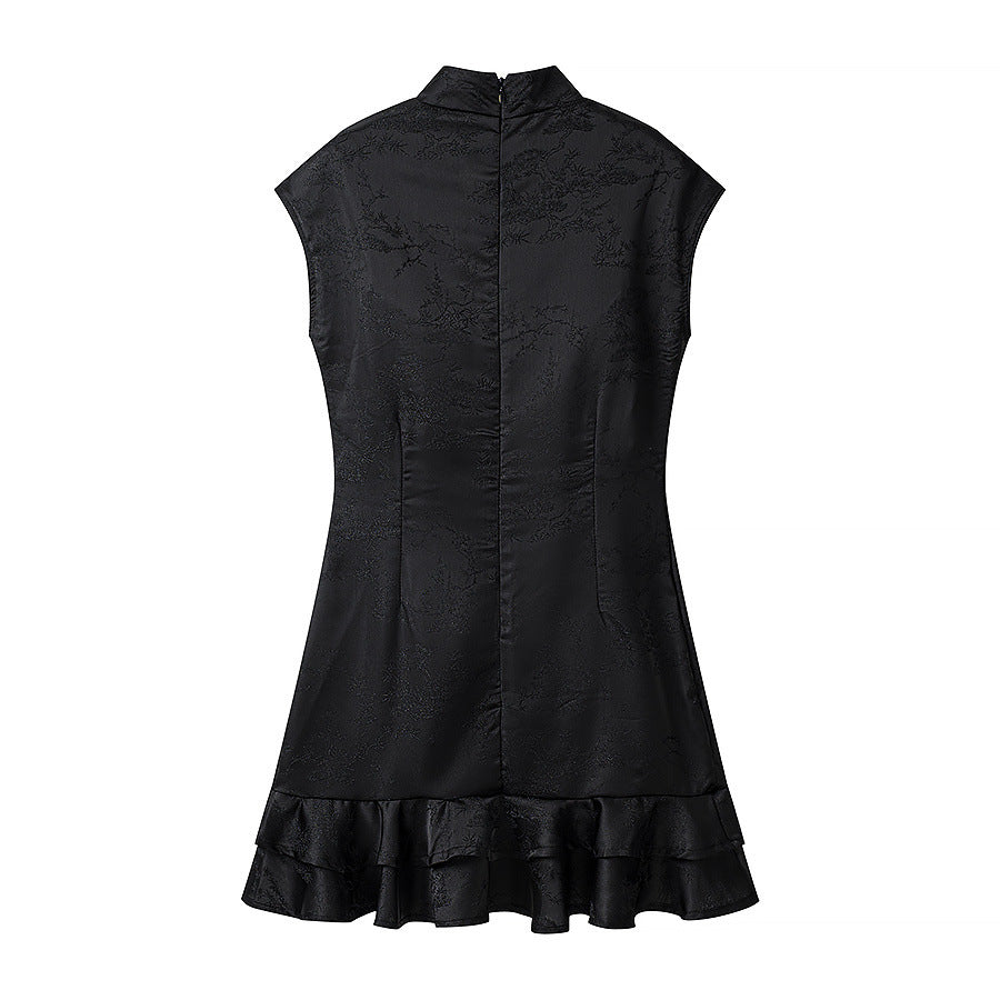 Hanger back view of black jacquard dress with a center back zipper and fitted silhouette