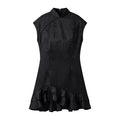 Hanger view of black jacquard dress showing the mandarin collar, diagonal placket, and ruffled hem detail