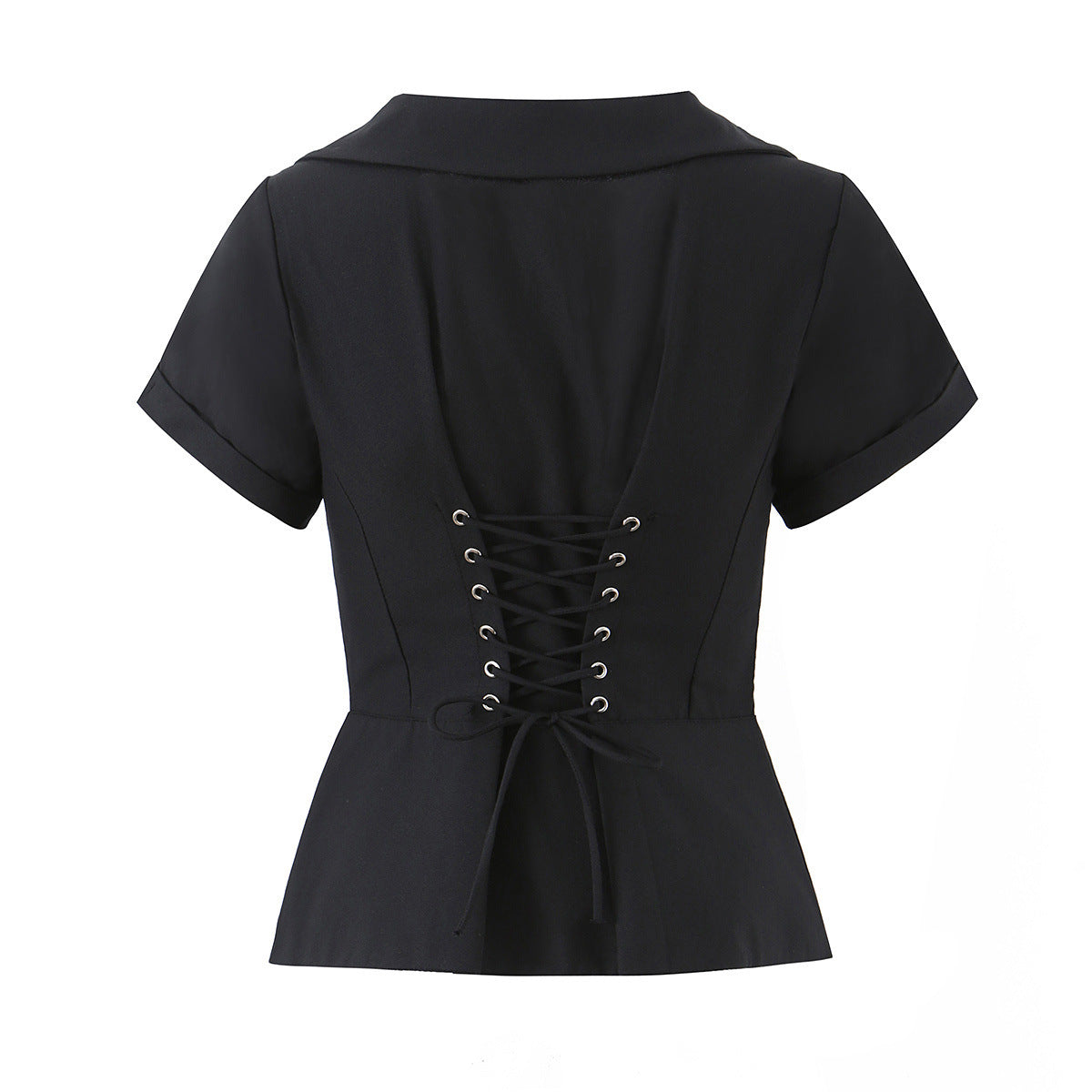 Black corset-style short-sleeve shirt, back view on white background