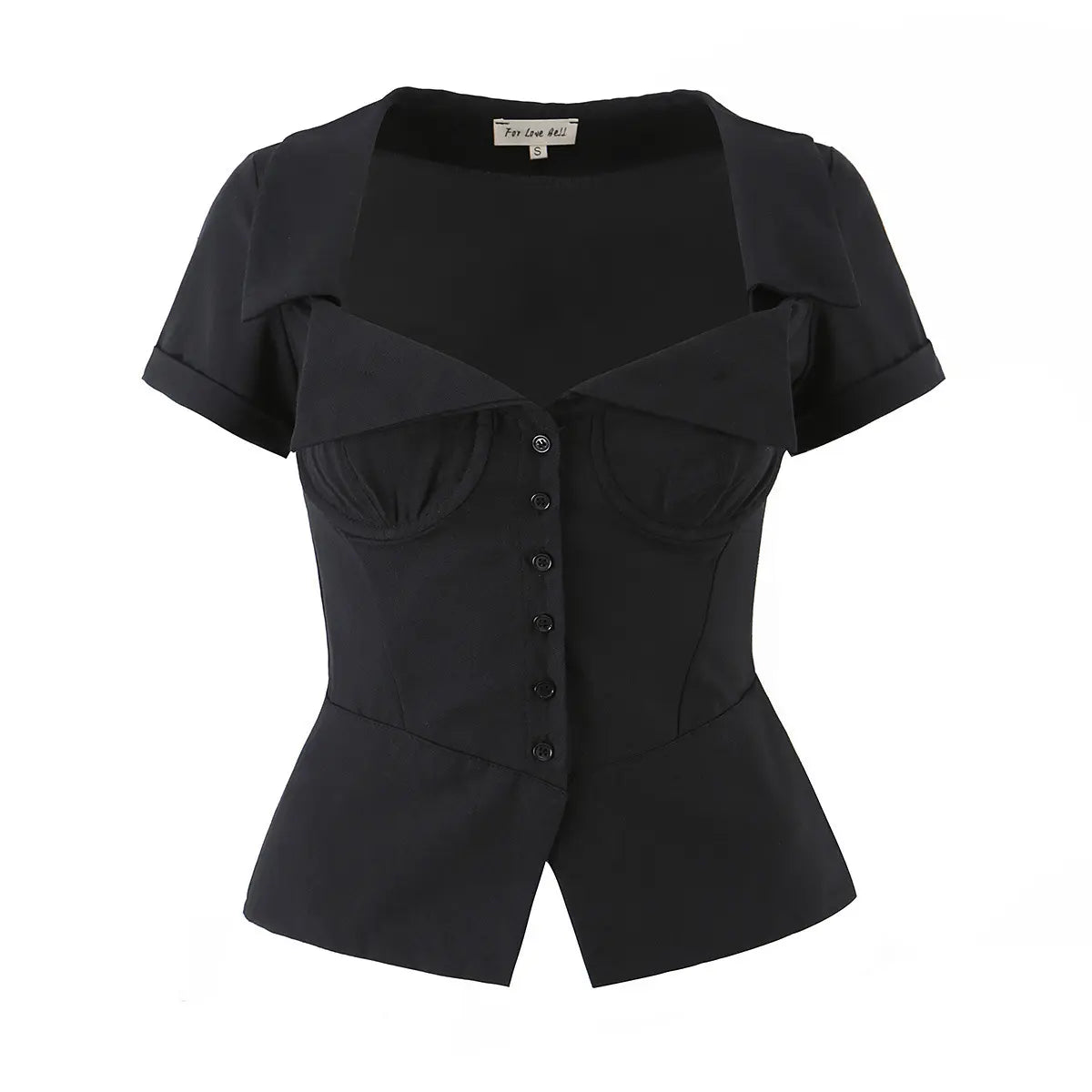 Black corset-style short-sleeve top, front view on hanger, white background