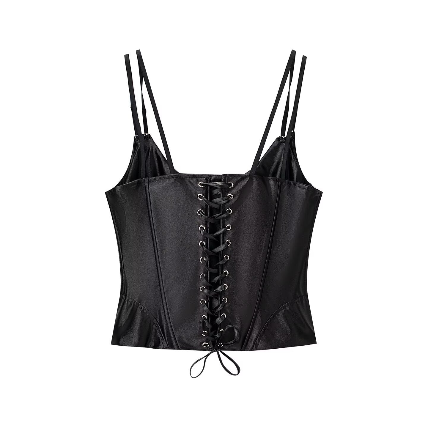 Hanger back view of black satin corset top with lace-up closure and adjustable double straps