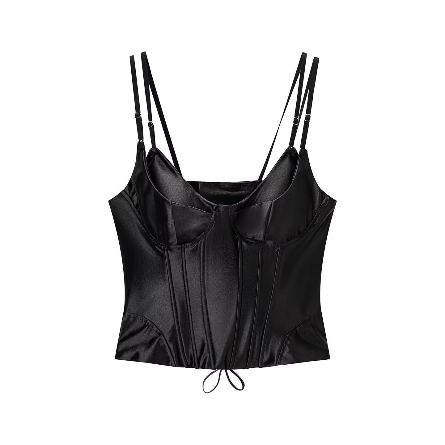 Hanger view of black satin corset top highlighting the sleek finish and structured silhouette