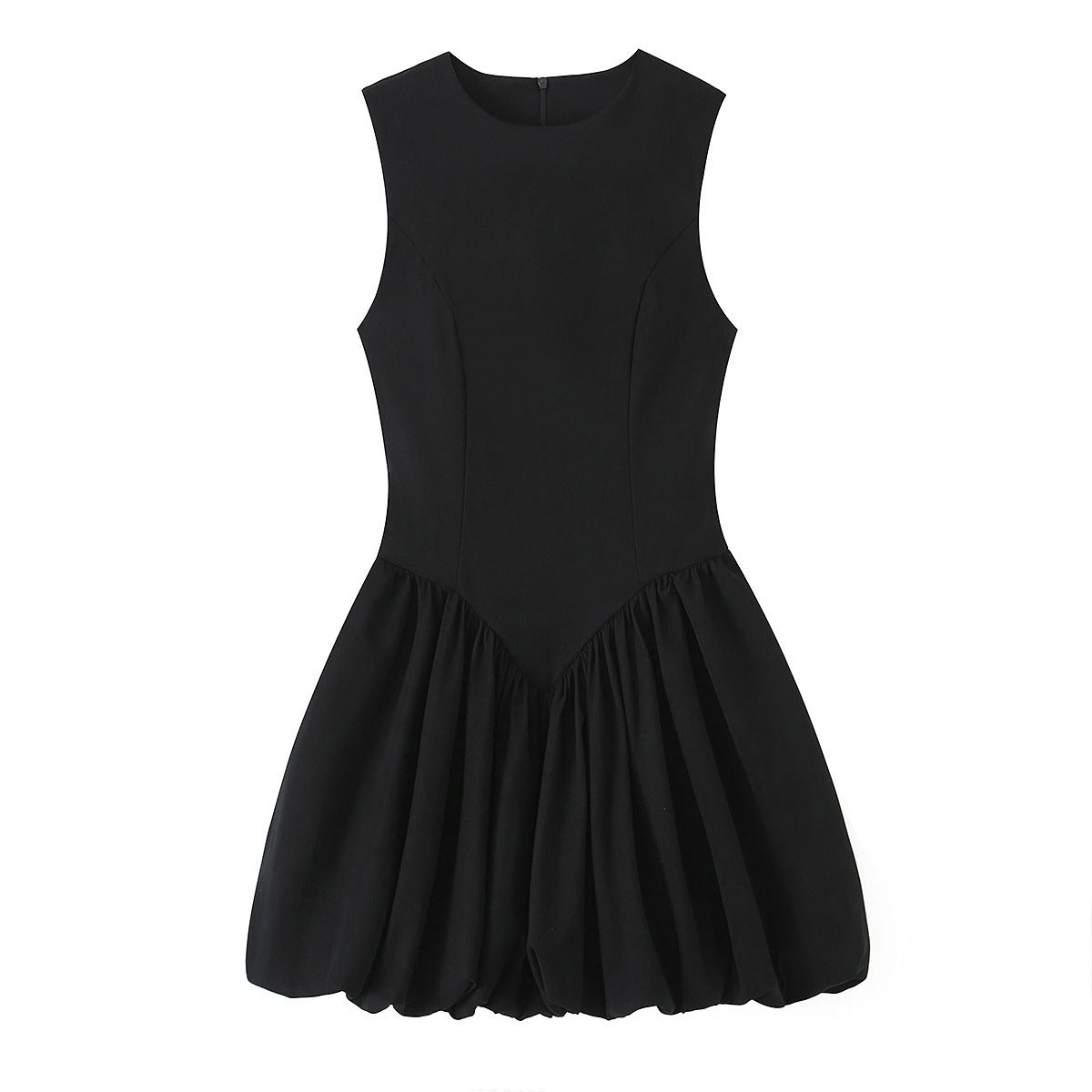 Front view of black bubble hem mini dress