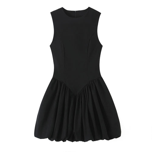 Front view of black bubble hem mini dress