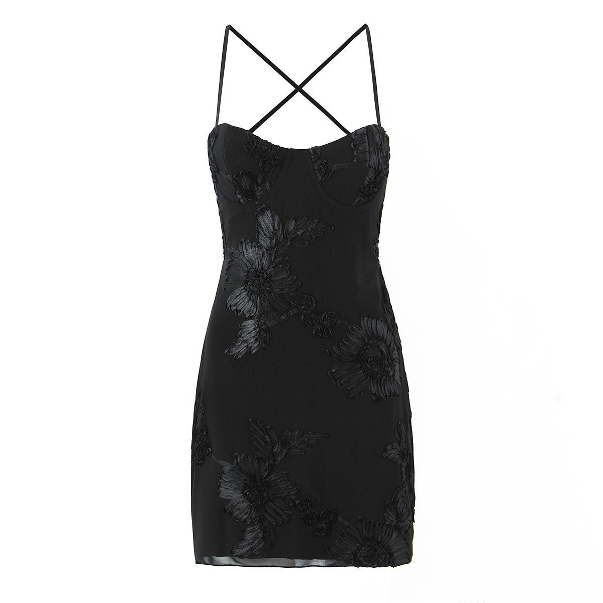 Flat front shot black floral embroidered mesh bustier crisscross strap bodycon mini dress, elegant gothic feminine party cocktail dress