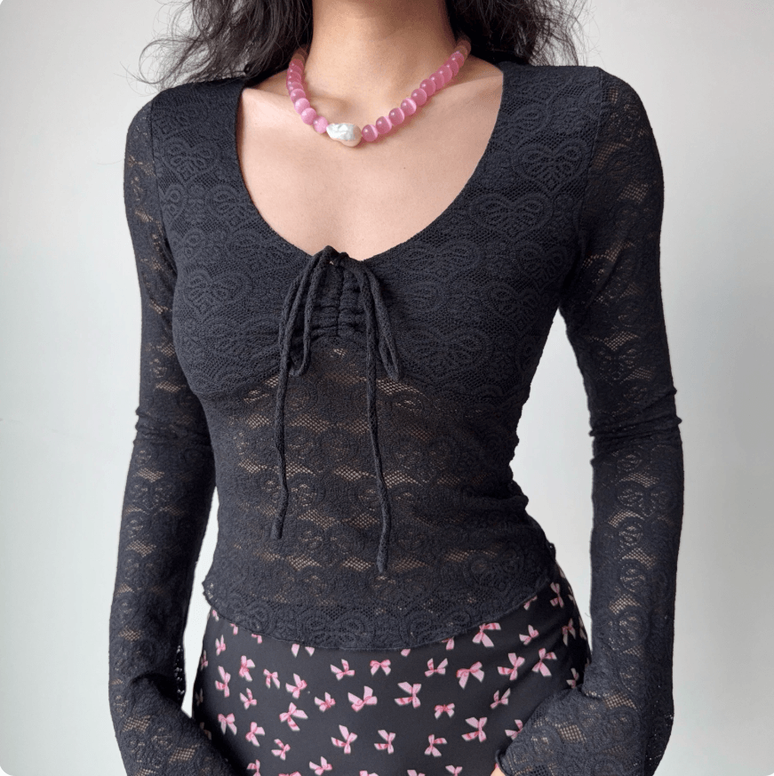 Women black hollow out lace floral V neck tie front ruched long sleeve slim fitted crop top, elegant vintage see through blouse