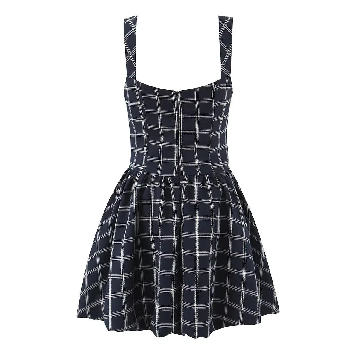 Black grid corset sleeveless mini dress, back view on white background