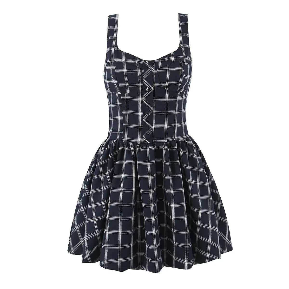Black grid corset sleeveless mini dress, front view on white background