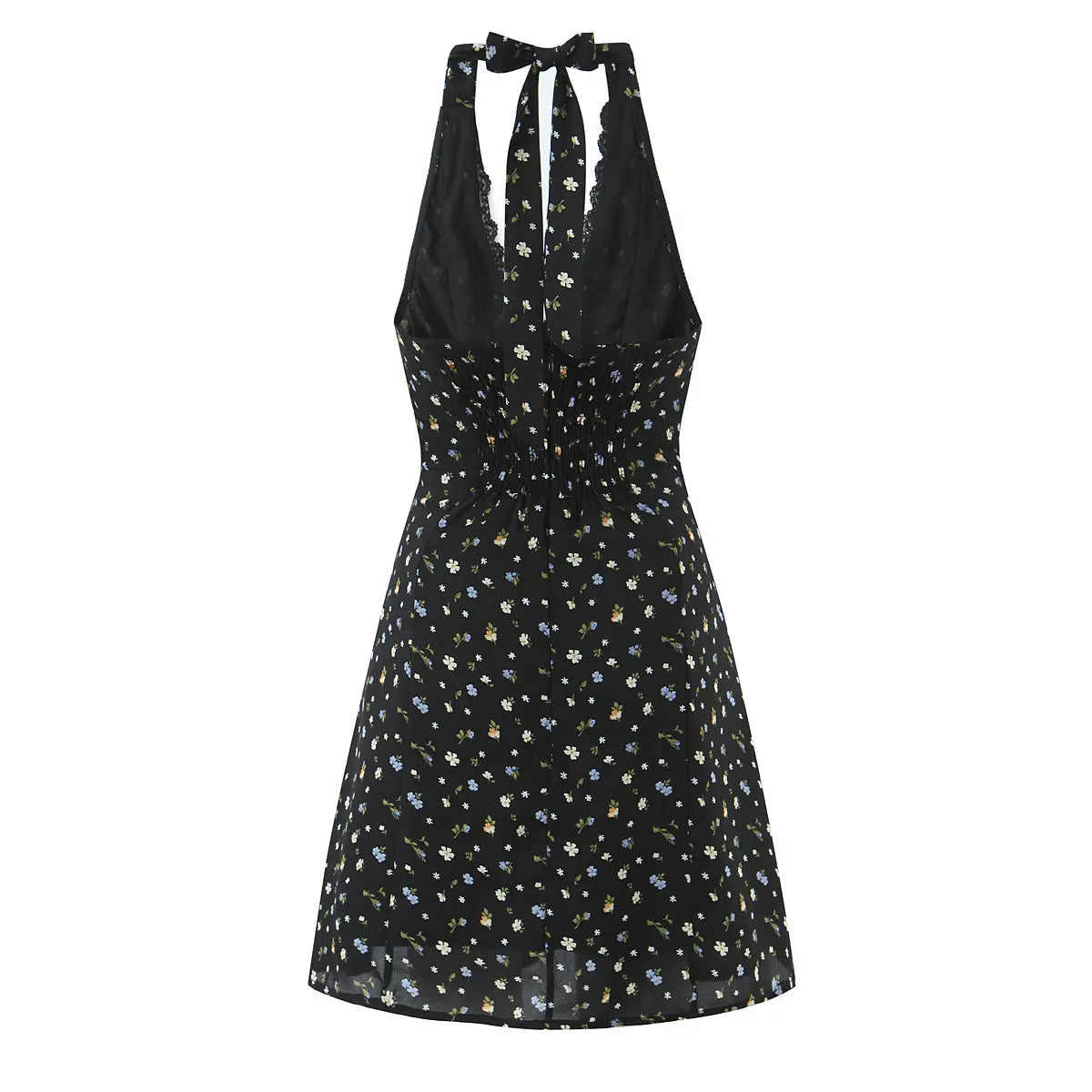 Black halter mini dress, back view showing tie closure and deep V-neckline on white background