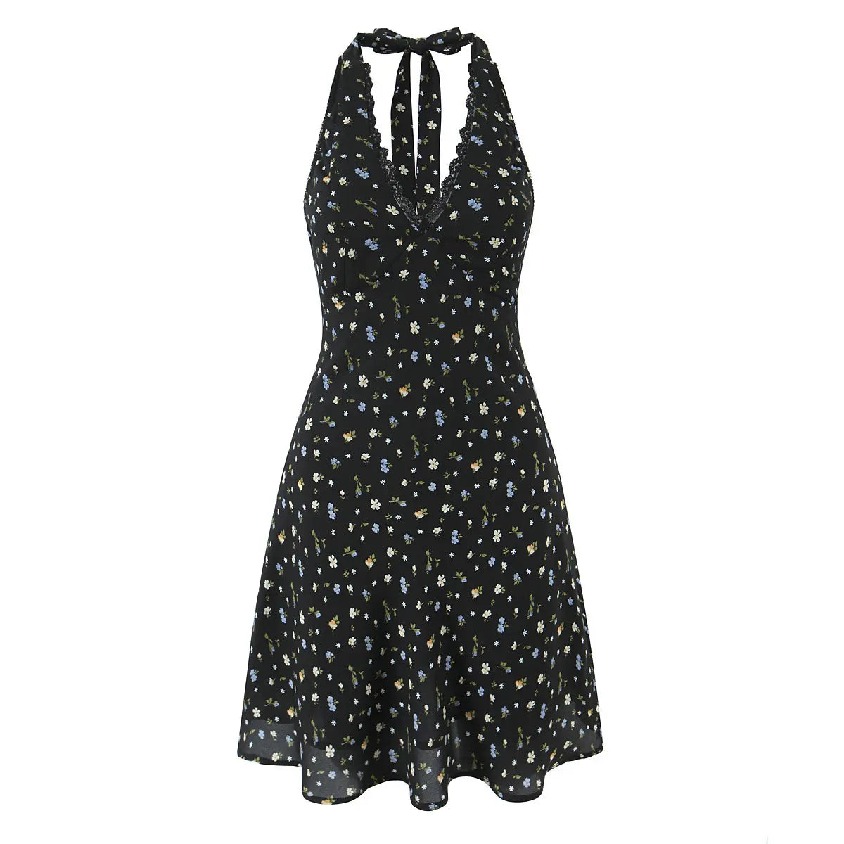 Black halter mini dress with multi-color ditsy floral print, front view on white background